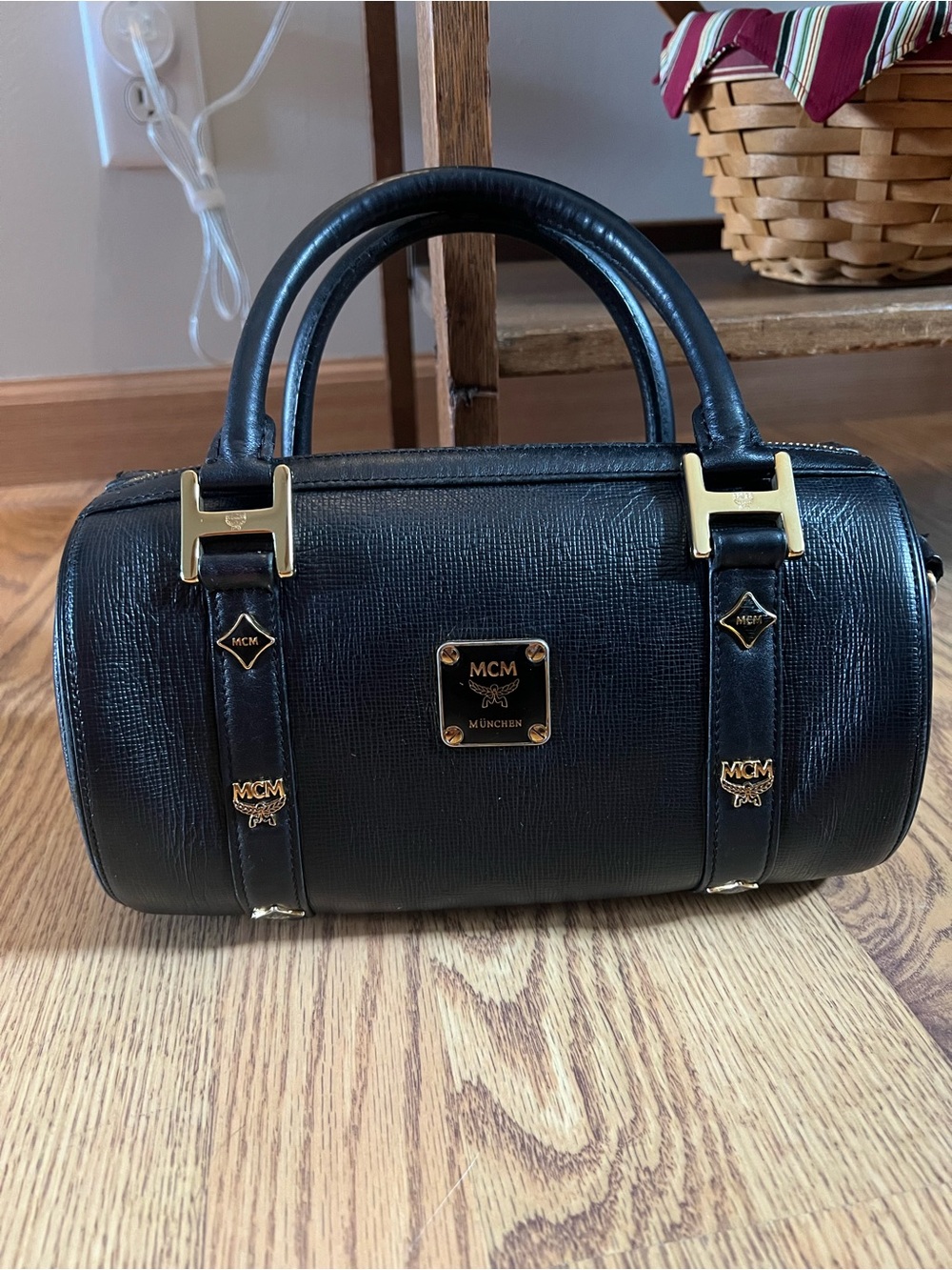 MCM Black Leather Mini Barrel Satchel with Gold Hardware